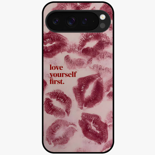 Crimson Kiss Love Glass Case showing flat back view with romantic crimson themed artwork and glossy glass finish.