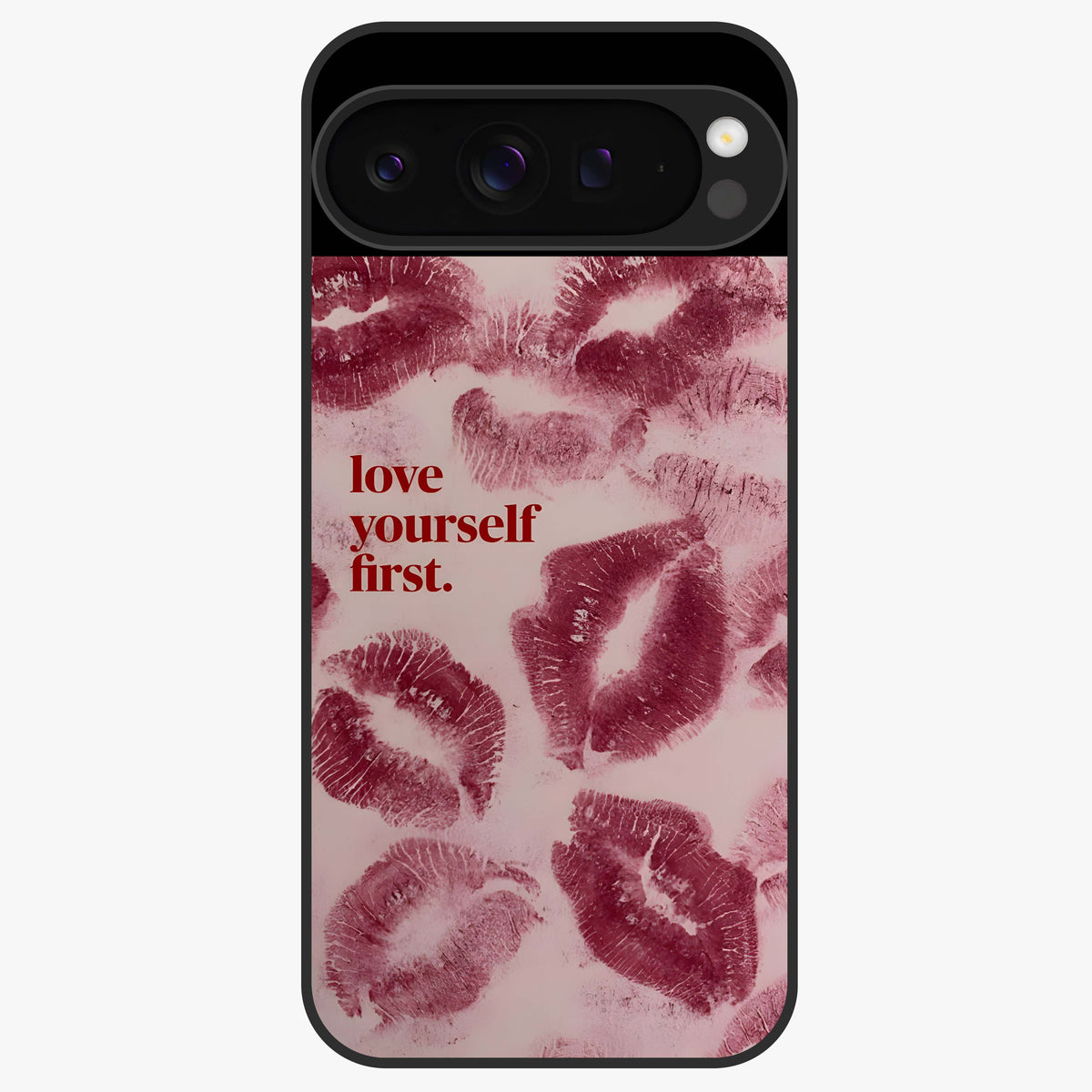 Crimson Kiss Love Glass Case showing flat back view with romantic crimson themed artwork and glossy glass finish.