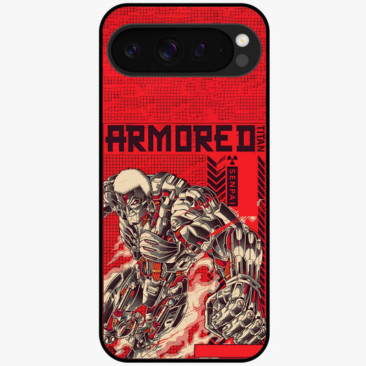 Crimson Mecha Titan Glass Case showing flat back view with powerful mech titan artwork and glossy glass finish.