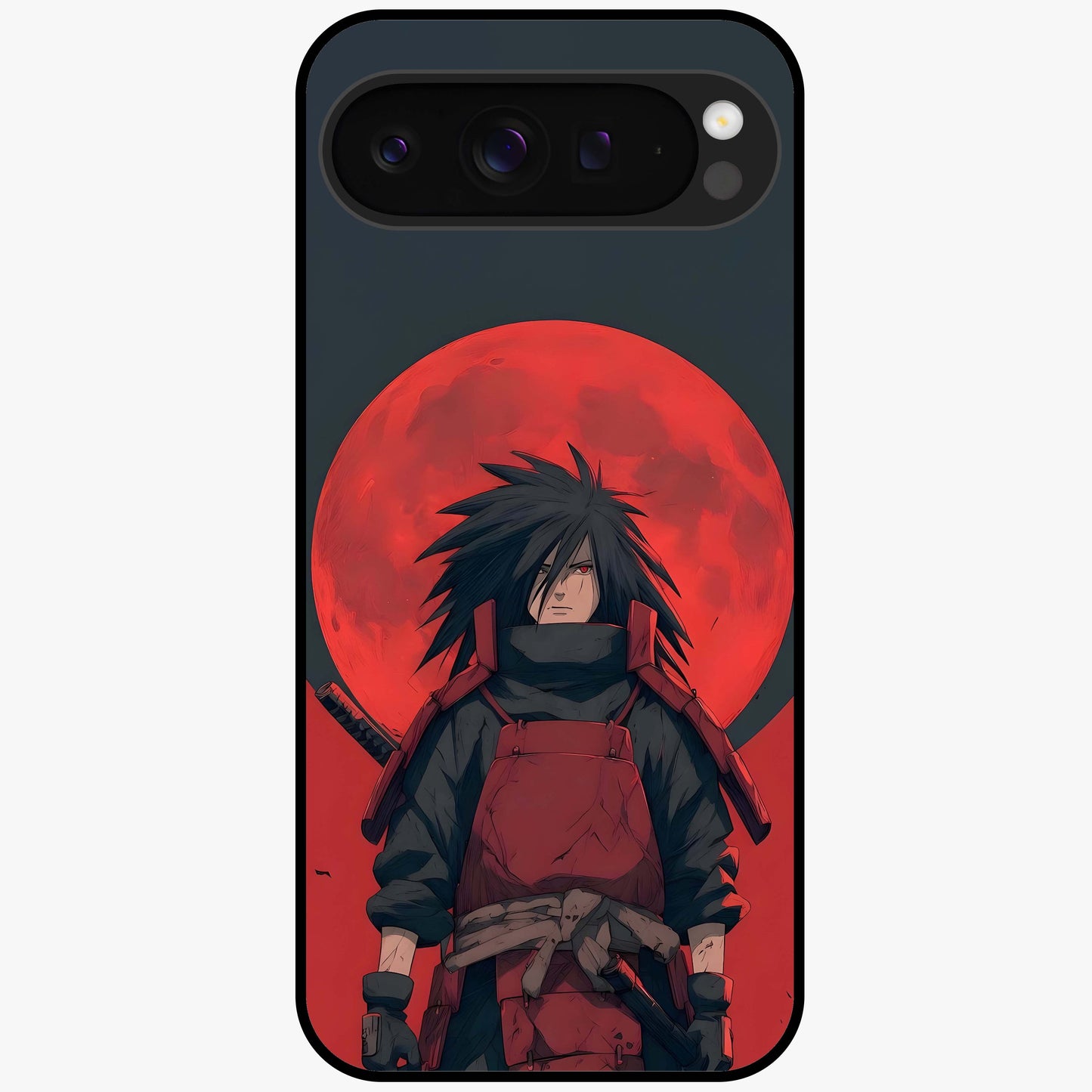 Crimson Moon Warlord Glass Case showing flat back view with mystical moon warrior artwork and glossy glass finish.
