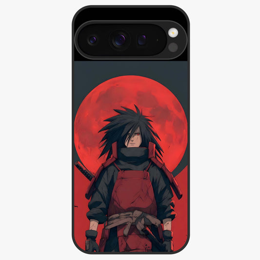 Crimson Moon Warlord Glass Case showing flat back view with mystical moon warrior artwork and glossy glass finish.