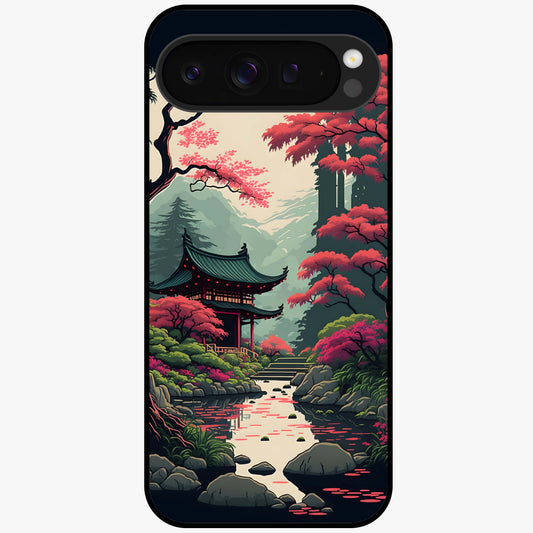 Crimson Temple View Glass Case showing flat back view with temple inspired artwork and glossy glass finish.