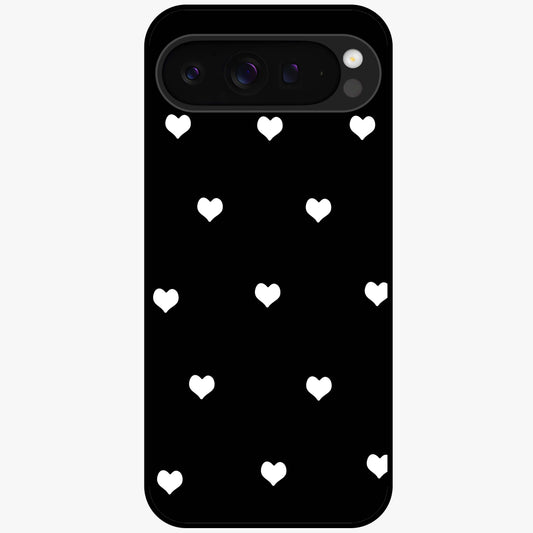 Cute And Simple White Hearts Glass Case showing flat back view with minimal white heart pattern and glossy glass finish.