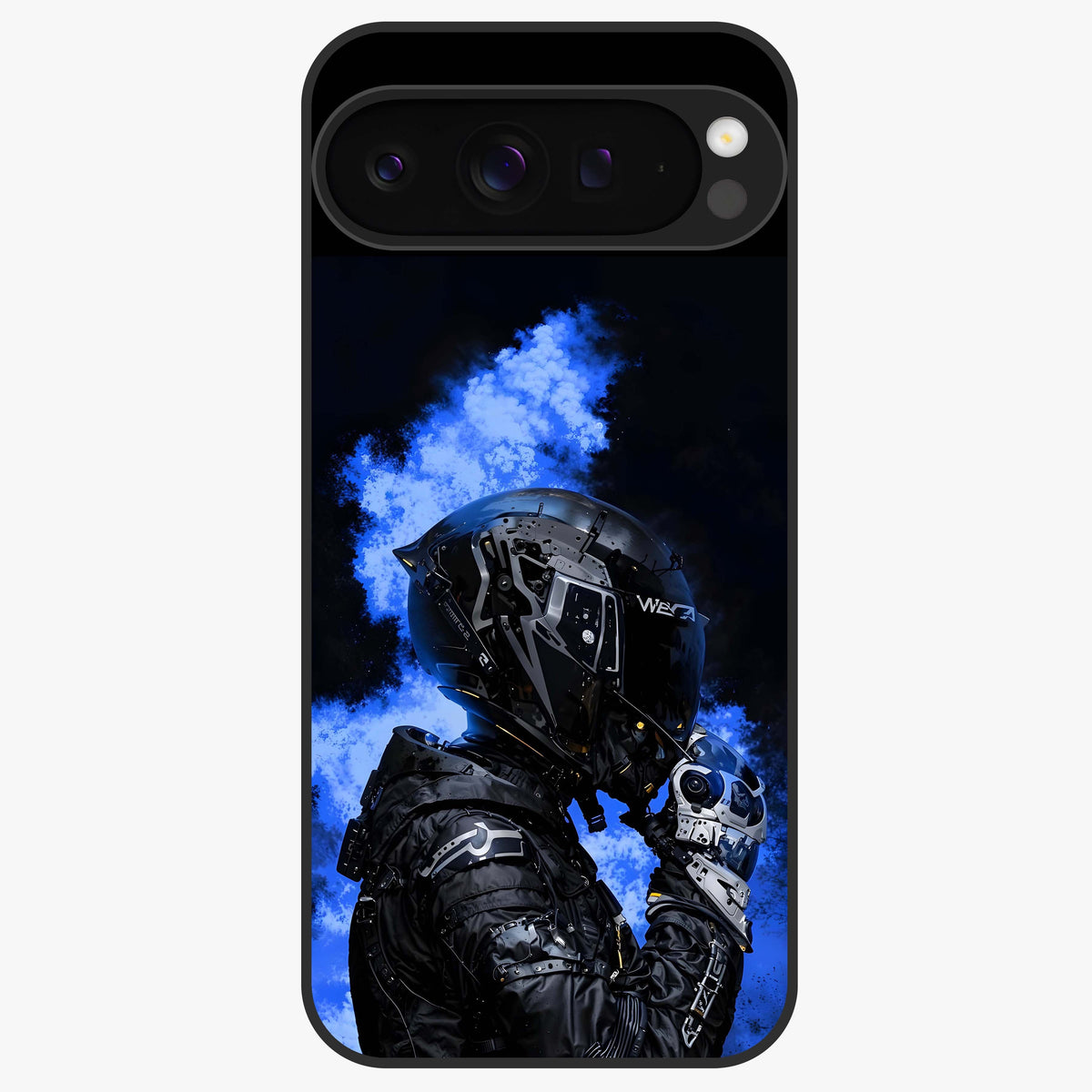 Cyber Sentinel Protocol Glass Case showing flat back view with futuristic cyber themed artwork and glossy glass finish.