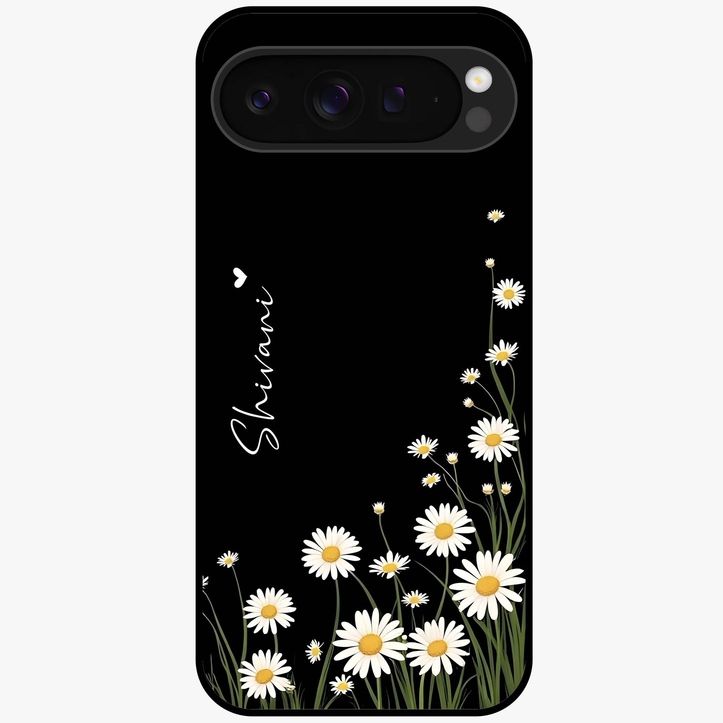 Daisy Cascade Custom Name Glass Case showing flat back view with cascading daisy flowers and personalized name design.