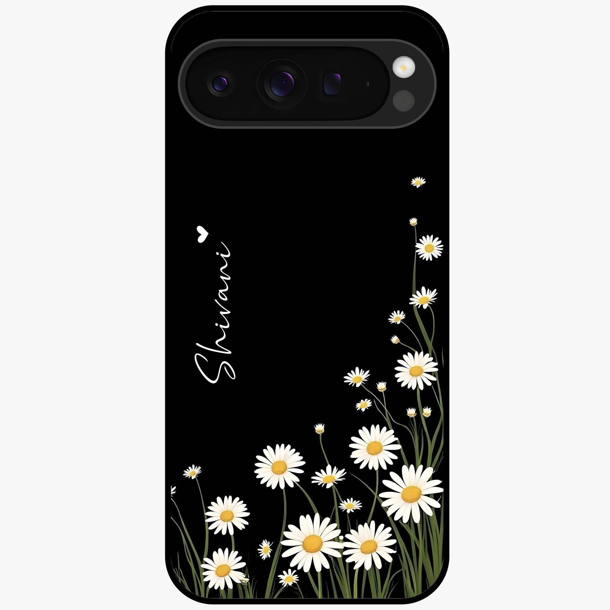 Daisy Cascade Custom Name Glass Case showing flat back view with cascading daisy flowers and personalized name design.