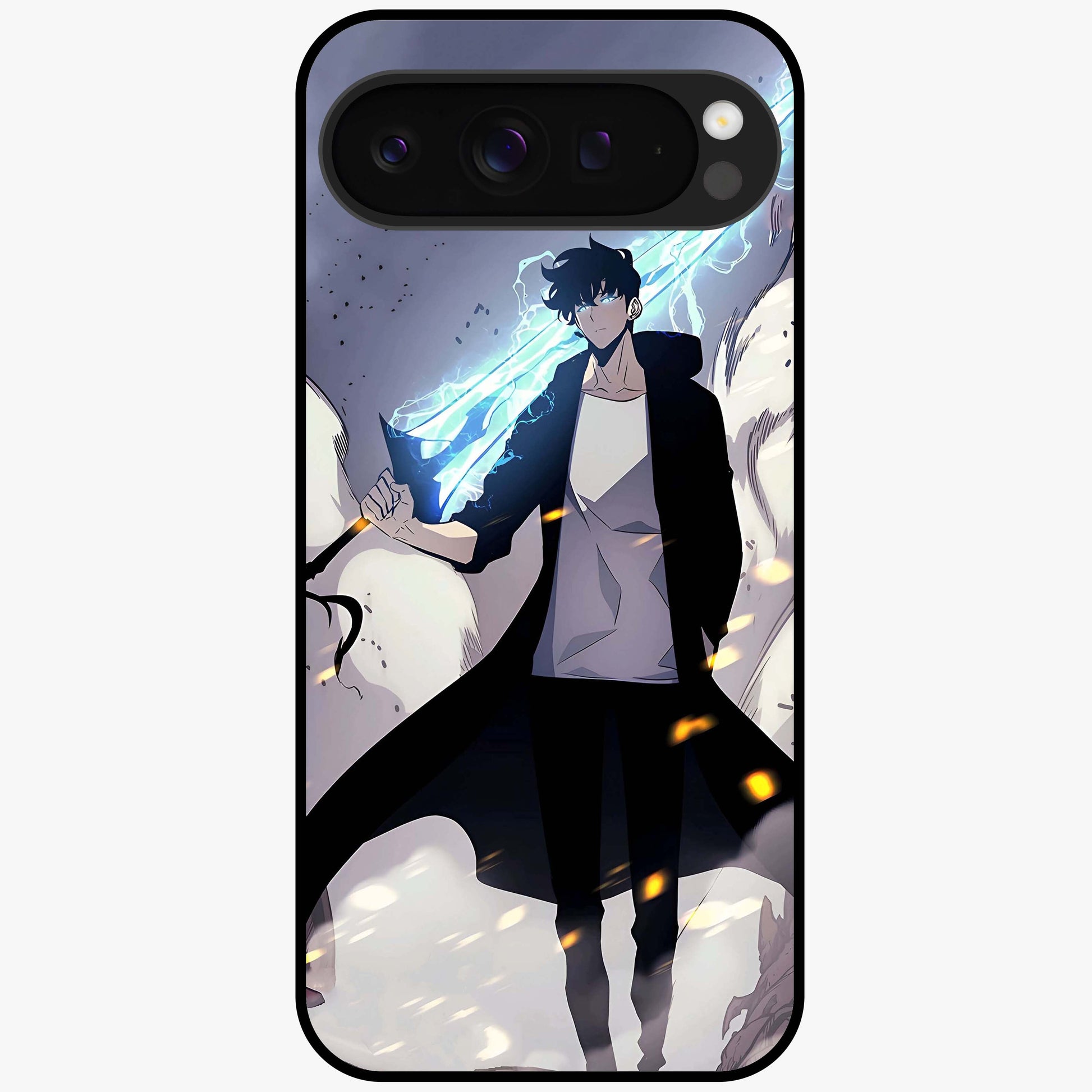 Dark Lightning Anime Warrior Glass Case showing flat back view with intense anime warrior artwork and glossy glass finish.