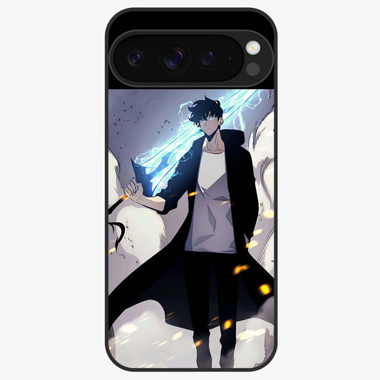 Dark Lightning Anime Warrior Glass Case showing flat back view with intense anime warrior artwork and glossy glass finish.