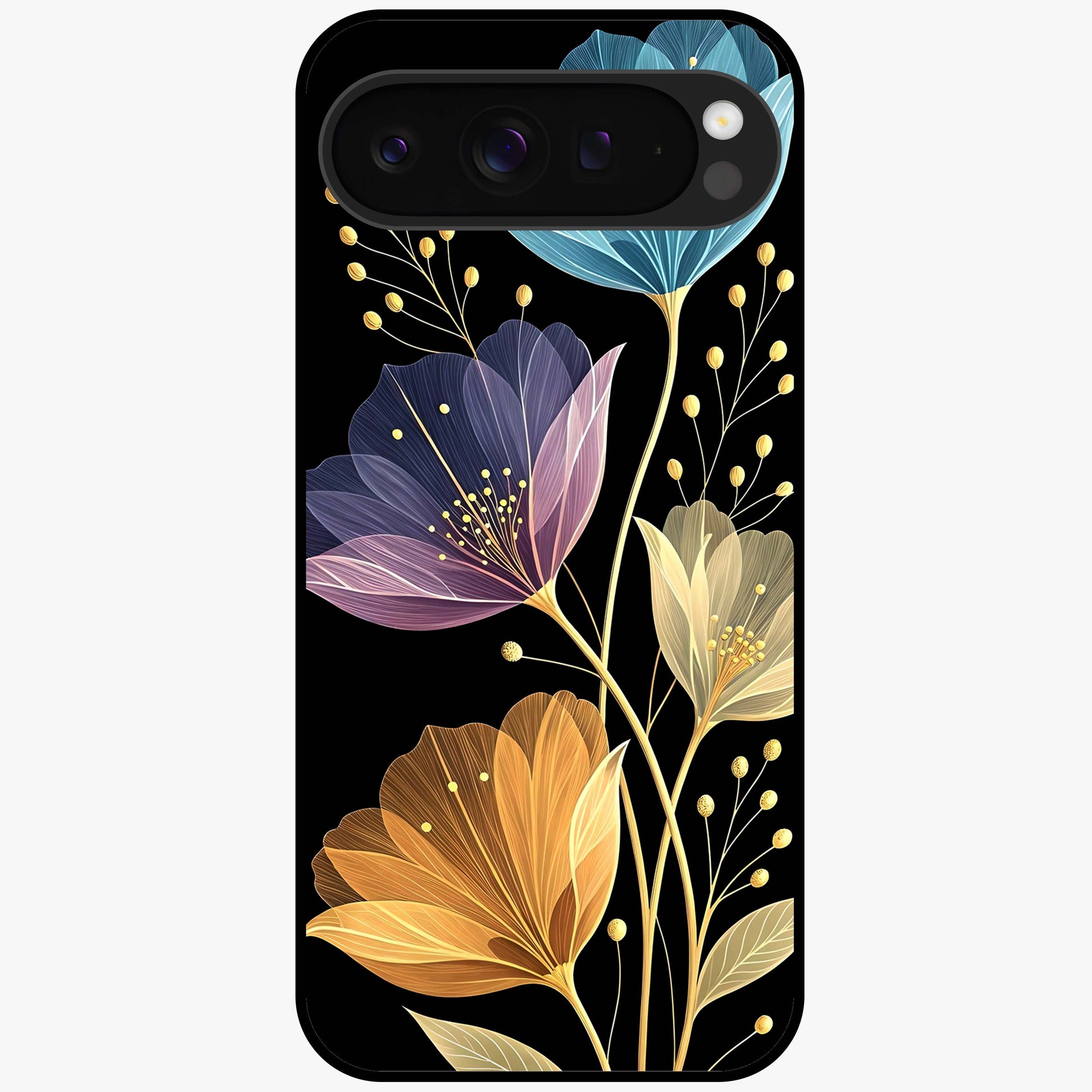 Delicate Multicolor Flowers Glass Case showing flat back view with vibrant floral artwork and glossy glass finish.