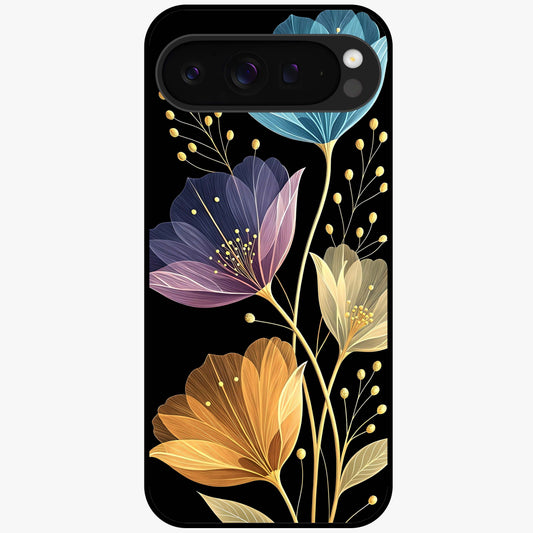 Delicate Multicolor Flowers Glass Case showing flat back view with vibrant floral artwork and glossy glass finish.