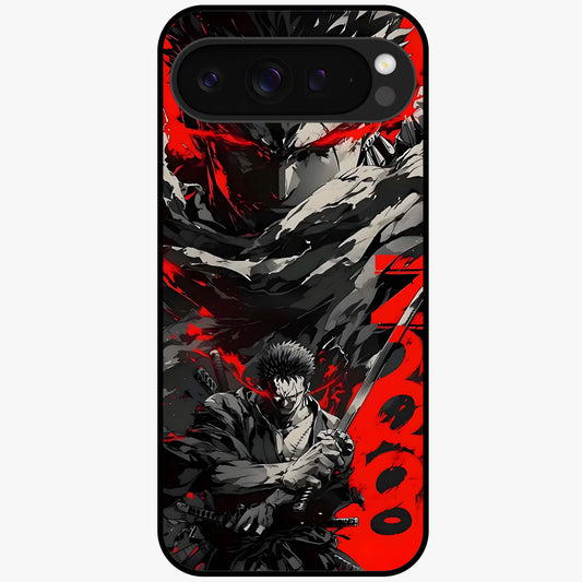 Demon Sword Resolve Glass Case showing flat back view with fierce sword warrior artwork and glossy glass finish.