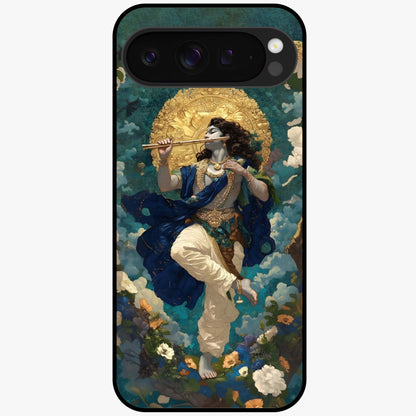 Divine Krishna Art Glass Case showing flat back view with Lord Krishna artwork and glossy glass finish.