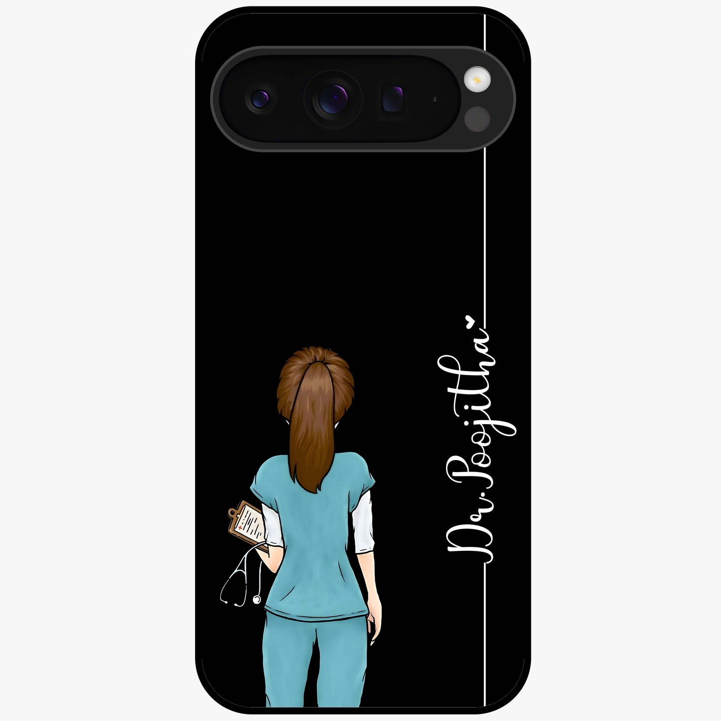 Doctor Pattern Custom Name Glass Case showing flat back view with medical themed pattern and personalized name design.