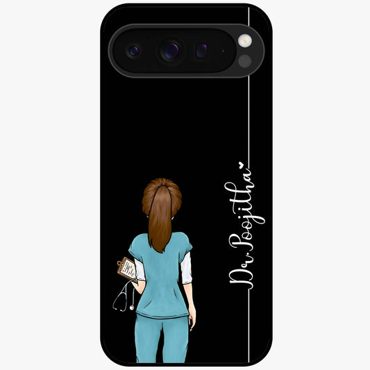 Doctor Pattern Custom Name Glass Case showing flat back view with medical themed pattern and personalized name design.