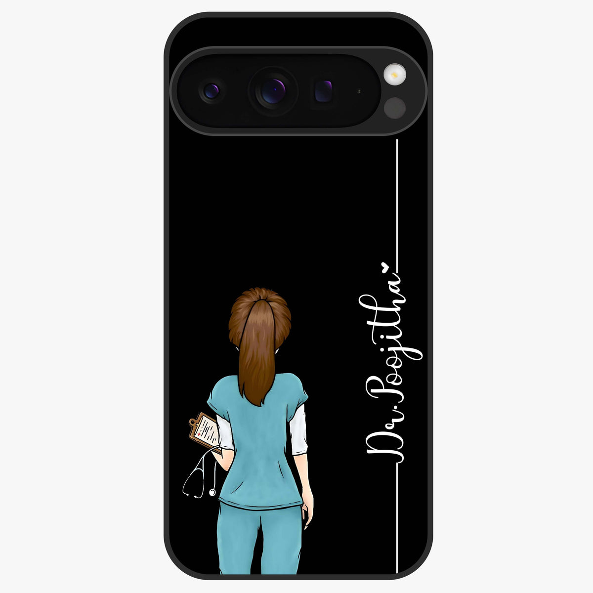 Doctor Pattern Custom Name Glass Case showing flat back view with medical themed pattern and personalized name design.