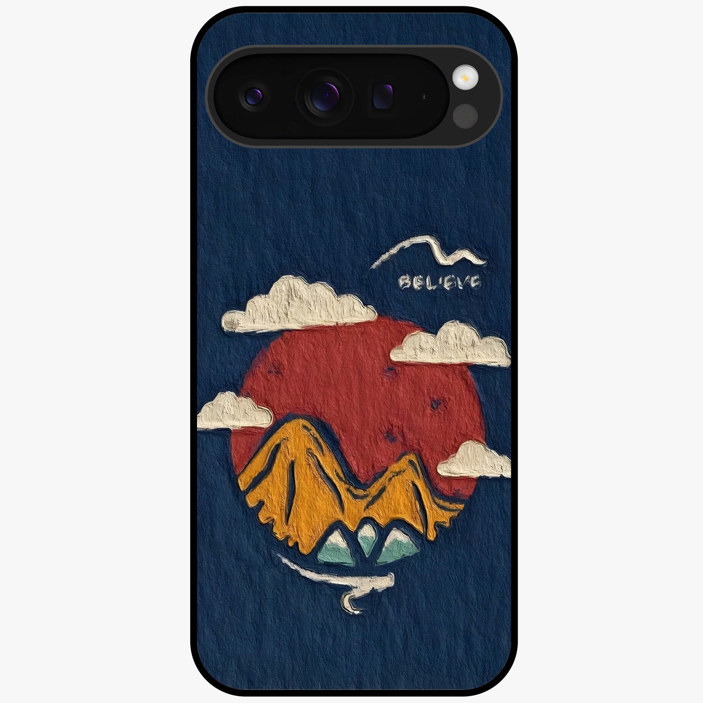 Dream Beyond Mountains Glass Case showing flat back view with scenic mountain landscape artwork and glossy glass finish.