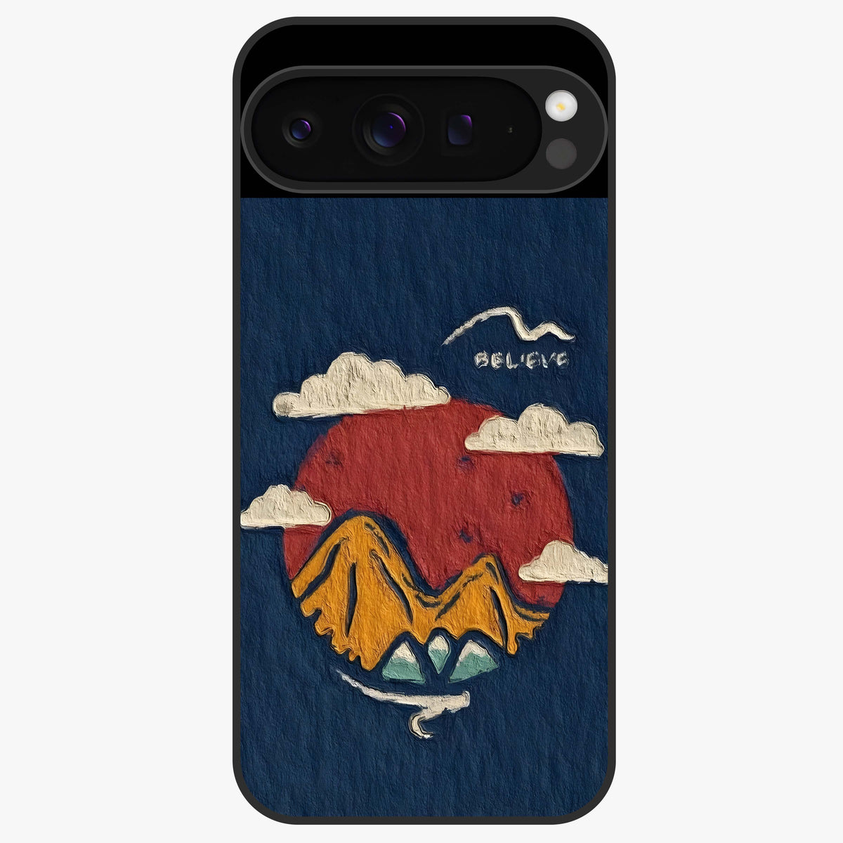 Dream Beyond Mountains Glass Case showing flat back view with scenic mountain landscape artwork and glossy glass finish.