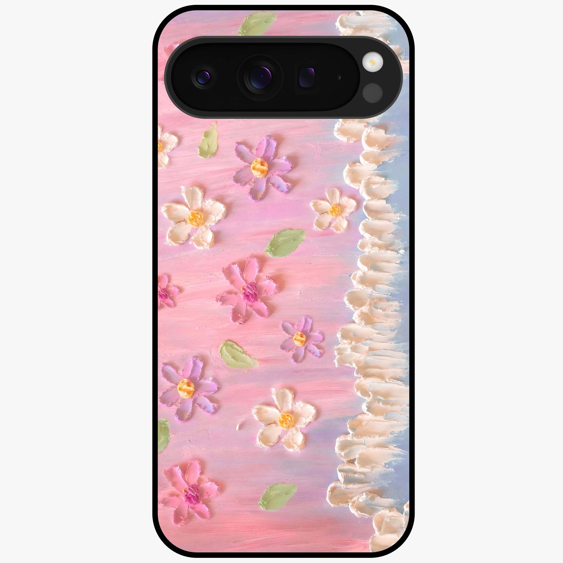 Dreamy Painted Garden Glass Case showing flat back view with artistic painted floral garden artwork and glossy glass finish.