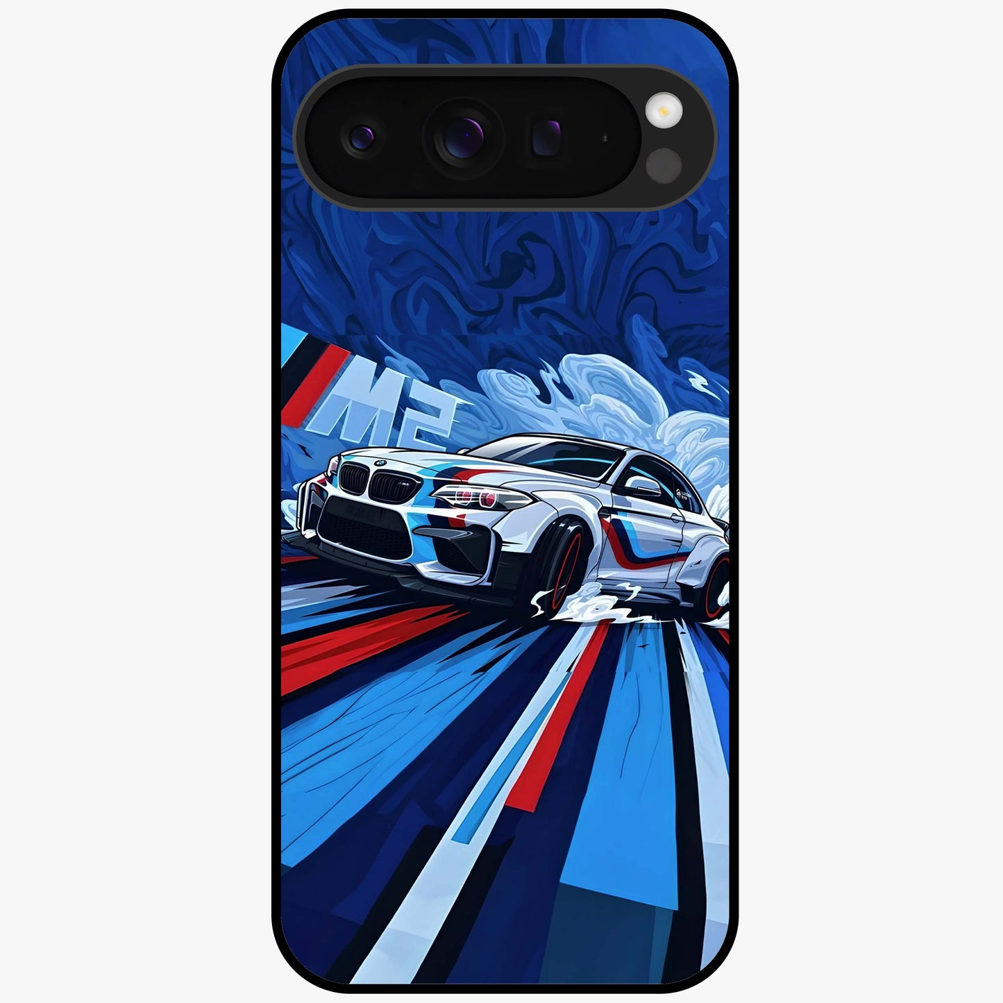 Drift Power Rush Glass Case showing flat back view with dynamic racing inspired artwork and glossy glass finish.