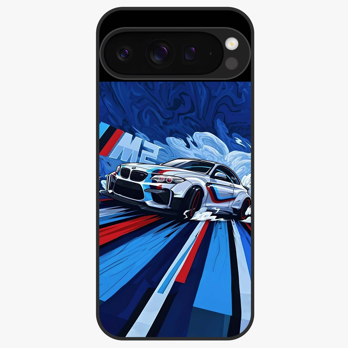 Drift Power Rush Glass Case showing flat back view with dynamic racing inspired artwork and glossy glass finish.