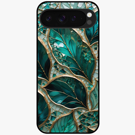 Emerald Leaf Glass Glass Case showing flat back view with emerald green leaf artwork and glossy glass finish.
