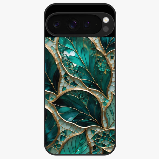 Emerald Leaf Glass Glass Case showing flat back view with emerald green leaf artwork and glossy glass finish.