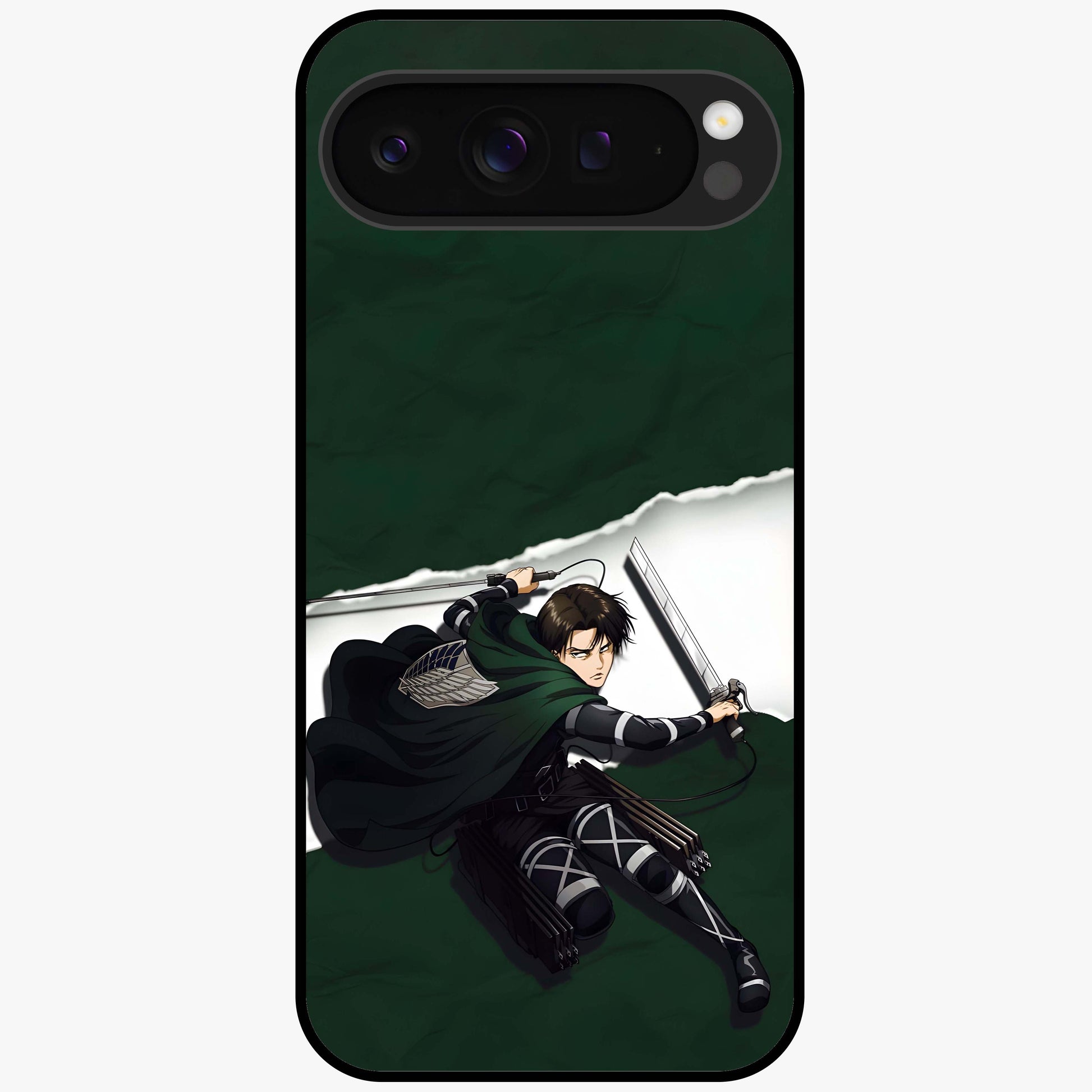 Emerald War Vanguard Glass Case showing flat back view with powerful warrior themed artwork and glossy glass finish.