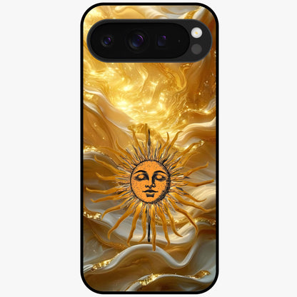 Eternal Golden Glow Glass Case showing flat back view with radiant golden themed artwork and glossy glass finish.