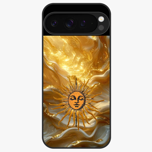 Eternal Golden Glow Glass Case showing flat back view with radiant golden themed artwork and glossy glass finish.