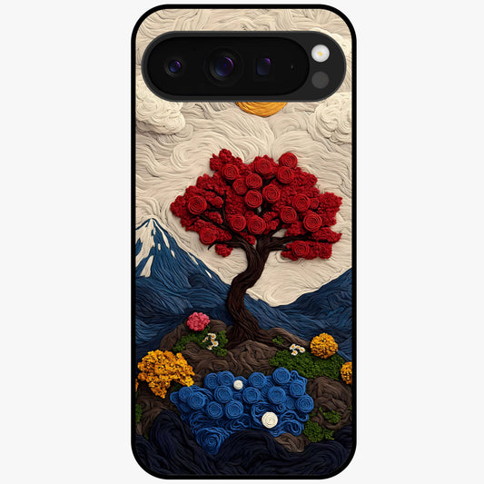 Eternal Nature Tapestry Glass Case showing flat back view with intricate nature tapestry artwork and glossy glass finish.