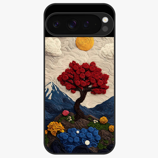 Eternal Nature Tapestry Glass Case showing flat back view with intricate nature tapestry artwork and glossy glass finish.