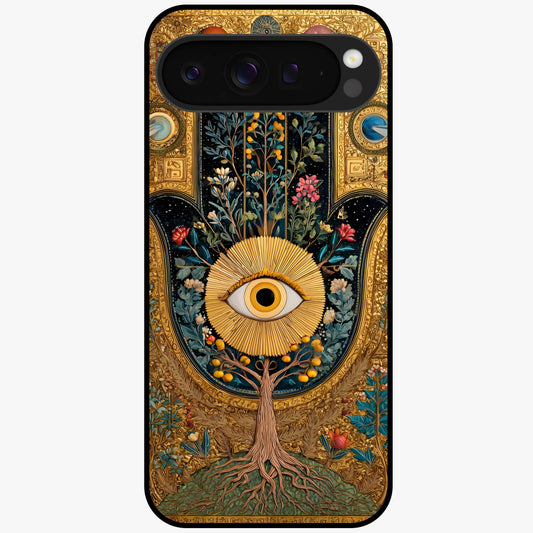 Ethereal Evil Eye Glass Case showing flat back view with mystical evil eye artwork and glossy glass finish.