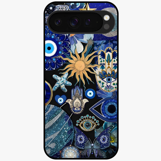 Evil Eye Charm Mix Glass Case showing flat back view with multiple evil eye charms artwork and glossy glass finish.