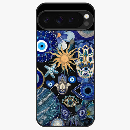 Evil Eye Charm Mix Glass Case showing flat back view with multiple evil eye charms artwork and glossy glass finish.