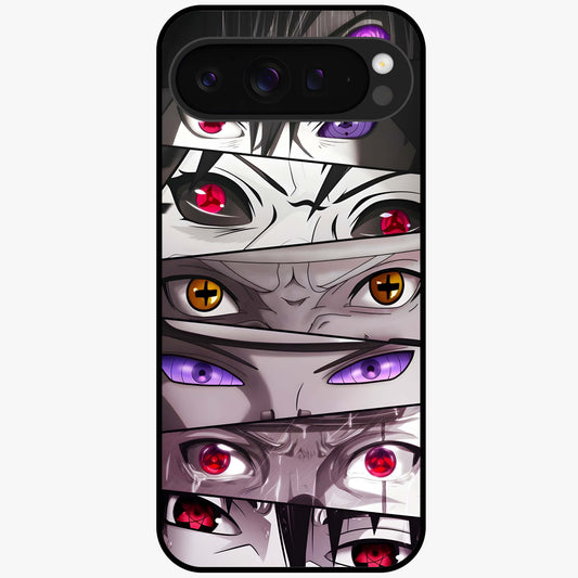 Eyes of Destiny Glass Case showing flat back view with striking eye themed artwork and glossy glass finish.