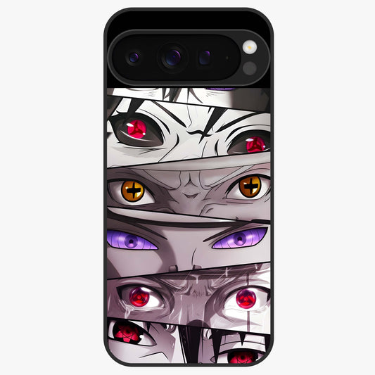 Eyes of Destiny Glass Case showing flat back view with striking eye themed artwork and glossy glass finish.