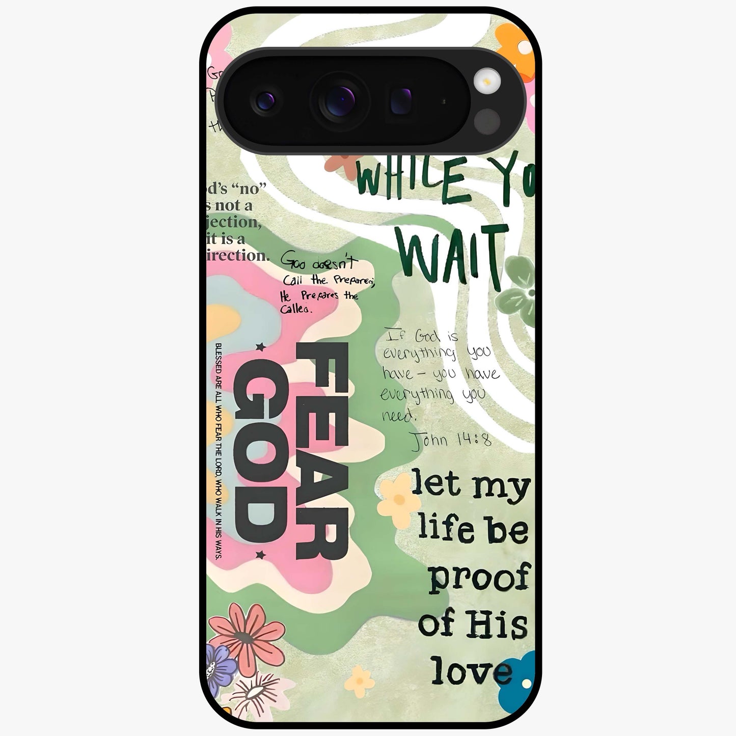Faith Over Fear Glass Case showing flat back view with motivational typography artwork and glossy glass finish.