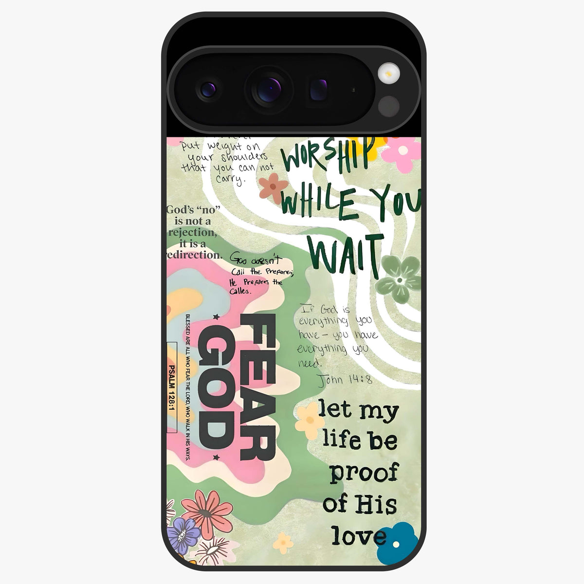 Faith Over Fear Glass Case showing flat back view with motivational typography artwork and glossy glass finish.