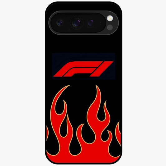 Fire F11 Glass Case showing flat back view with fiery themed artwork and glossy glass finish.