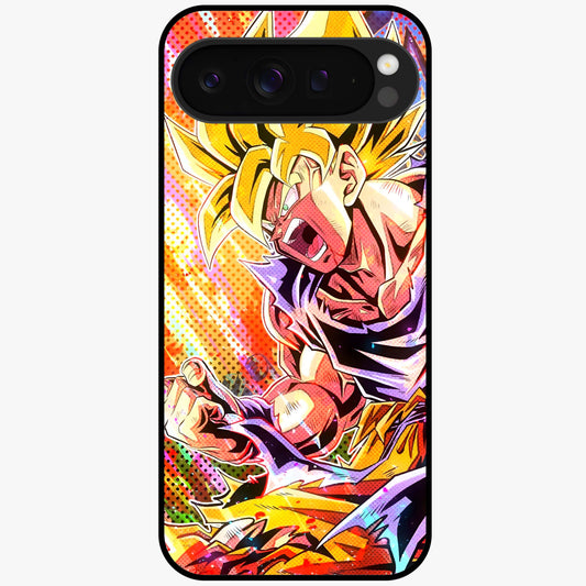 Firing Goku Glass Case showing flat back view with powerful anime inspired artwork and glossy glass finish.