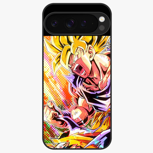 Firing Goku Glass Case showing flat back view with powerful anime inspired artwork and glossy glass finish.