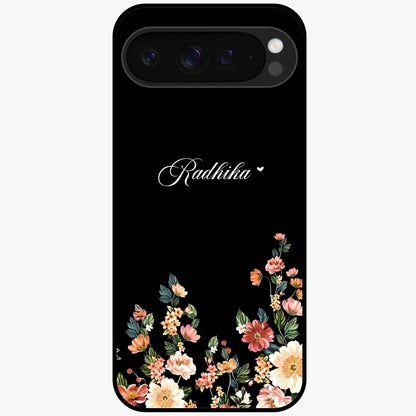 Floral Design With a Custom Personalized Name Glass Case showing flat back view with floral artwork and personalized name design.