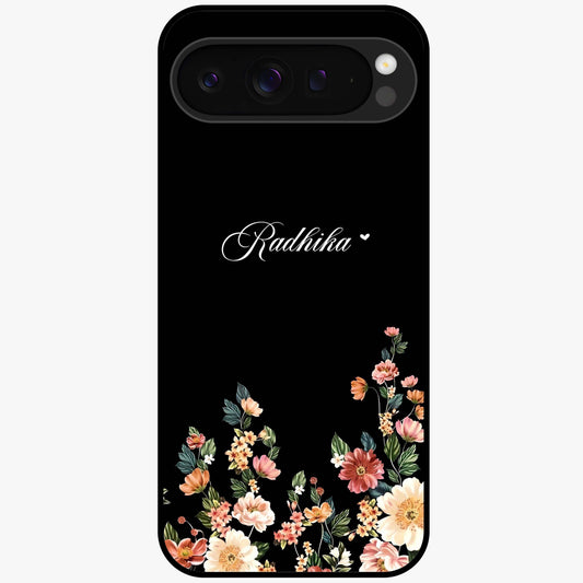 Floral Design With a Custom Personalized Name Glass Case showing flat back view with floral artwork and personalized name design.