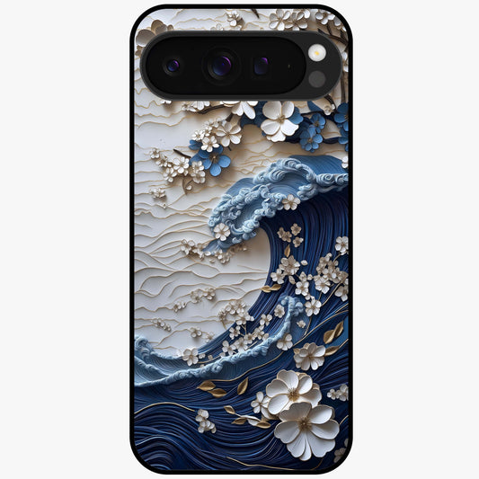 Floral Wave Origami Glass Case showing flat back view with origami inspired floral wave artwork and glossy glass finish.