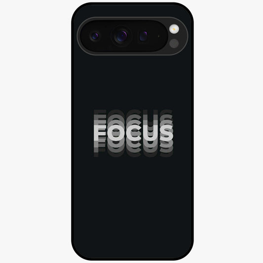 Focus Mode On Glass Case showing flat back view with bold motivational typography design and glossy glass finish.