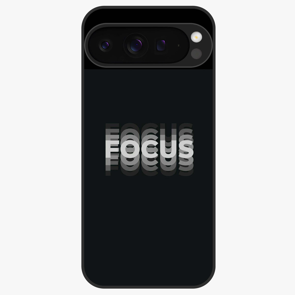 Focus Mode On Glass Case showing flat back view with bold motivational typography design and glossy glass finish.