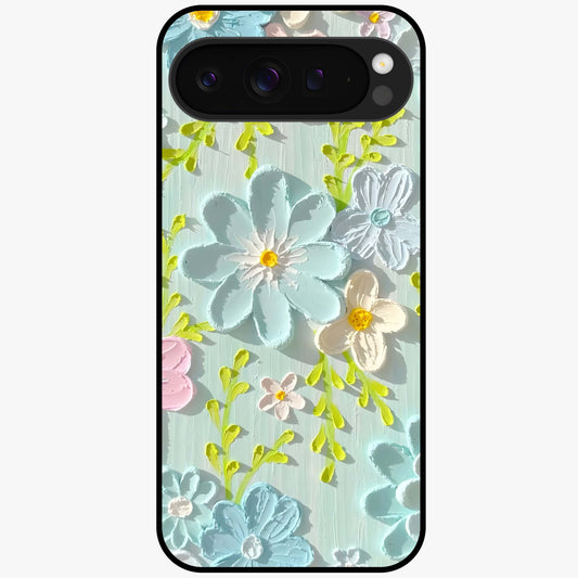 Frosted Petal Garden Glass Case showing flat back view with soft frosted floral artwork and glossy glass finish.