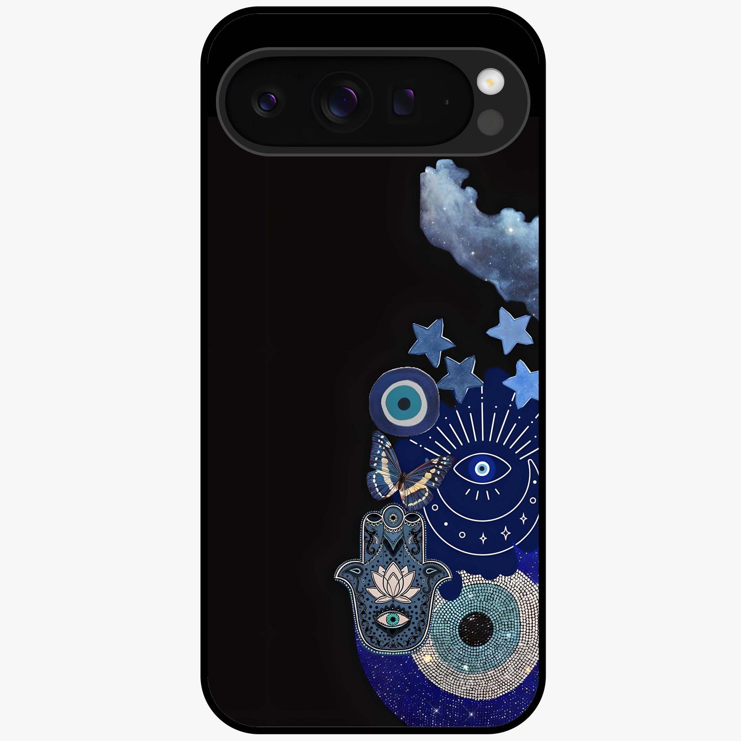 Galactic Charm Cluster Glass Case showing flat back view with glowing celestial charm artwork and glossy glass finish.