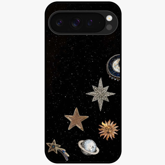 Galactic Charm Glow Glass Case showing flat back view with glowing celestial charm artwork and glossy glass finish.