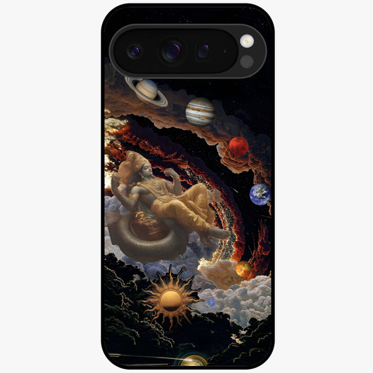 Galactic Divine God Glass Case showing flat back view with divine cosmic themed artwork and glossy glass finish.